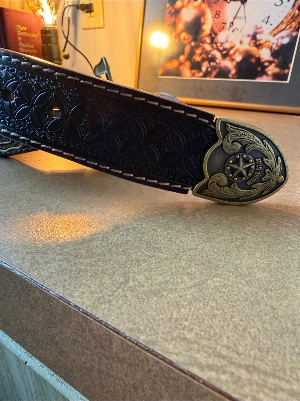 NWOT West Star Texas Western Brown Leather Belt with Ornate Antique Brass Buckle